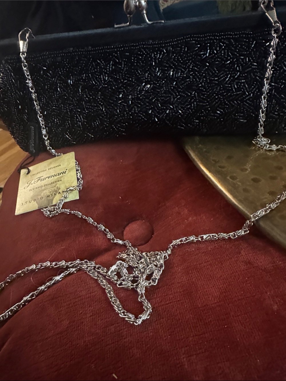Black Beaded Evening Clutch with Silver Chain -